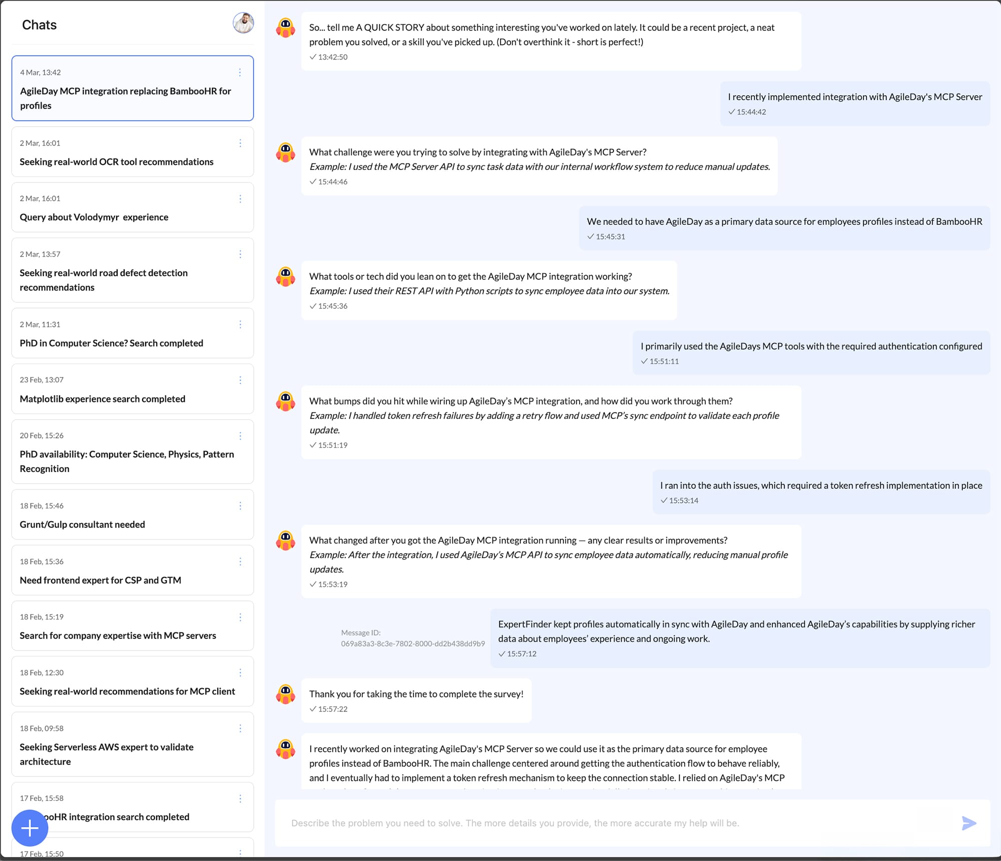 Newfire ExpertFinder tell me a story flow